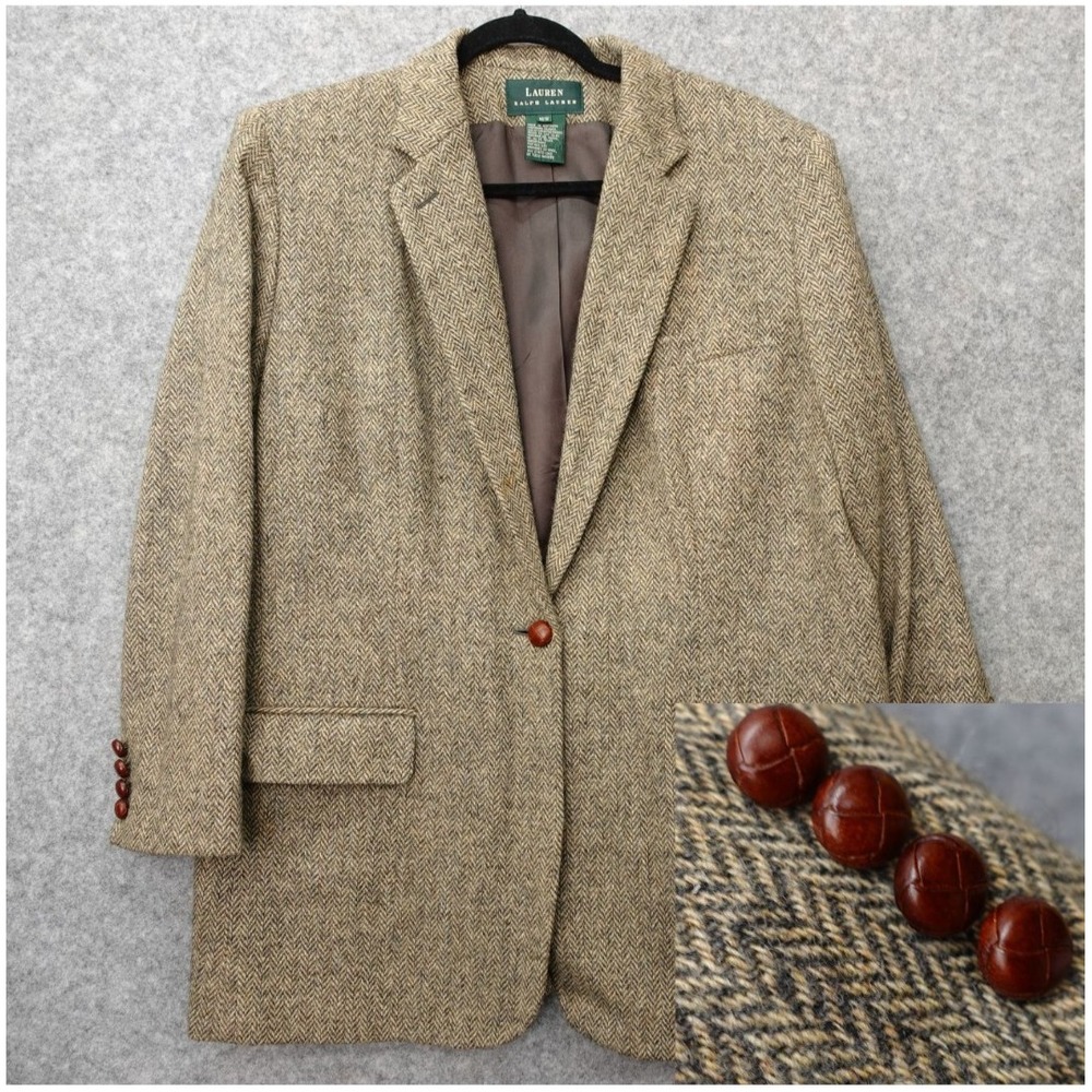 Vintage Lauren Ralph Lauren Herringbone Tweed Blazer Women 18W 2X Brown Speckled
